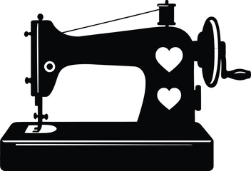 Vintage Sewing Machine Silhouette with Hearts – Craft and Tailoring Illustration

