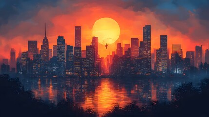 Fototapeta premium Flat vector art of a modern city skyline at twilight with lights