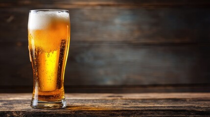 Golden beer in a tall glass with thick foam sits on rustic wood with soft lighting, ideal for menus, bar ads, Oktoberfest promotions, and beverage branding visuals
