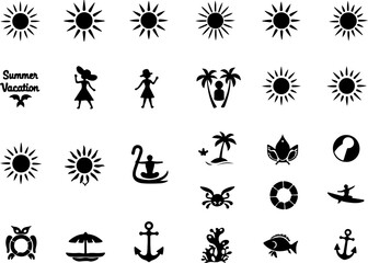 Summer Day Element and Tropical Island Scene – Hibiscus Flowers & Palm Tree Line Art