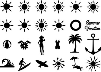 Summer Day Element and Tropical Island Scene – Hibiscus Flowers & Palm Tree Line Art