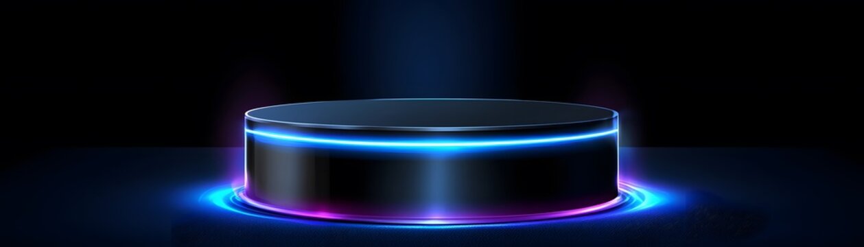 Circular dark platform with vibrant neon lighting.