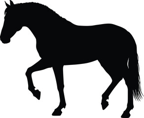 A black silhouette of a horse, standing upright with a strong, muscular frame and a flowing mane. The horse appears to be in motion, with its legs in a galloping position, exuding a sense of power and
