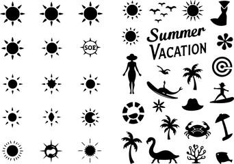 Summer Day Element and Tropical Island Scene – Hibiscus Flowers & Palm Tree Line Art"
