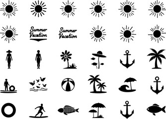 Summer Day Element and Tropical Island Scene – Hibiscus Flowers & Palm Tree Line Art