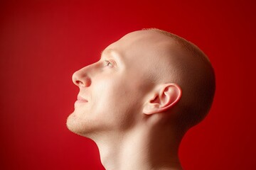 Red solid background. A joyful and radiant male expressing confidence. Visual idea of style for aging men. Elegant men's buzz cut haircut - midlife white man with blond hair.