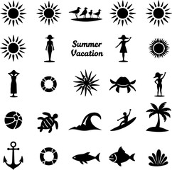 Summer Day Element and Tropical Island Scene – Hibiscus Flowers & Palm Tree Line Art