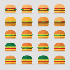 A delicious fast food icon set features vector illustrations of hamburgers, cheeseburgers, pizza, and sandwiches, perfect for meal and snack designs