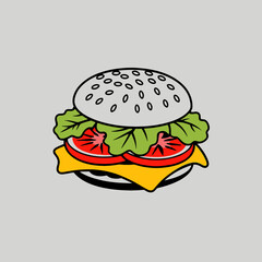 Beef cheeseburger with lettuce, tomato, and onion on a sesame bun, isolated on white