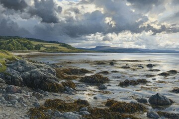 Obraz premium Coastal landscape showcasing rocky shore and seaweed at a tranquil waters edge under dramatic skies, Coastal landscape with rocky shore, seaweed, and distant hills under cloudy sky