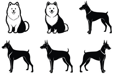 A vector illustration features a black silhouette collection of a set of dogs and cats, common animal pets