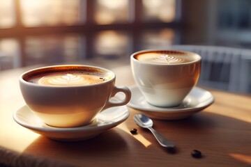 Coffee cup on cafe table in detail closeup view