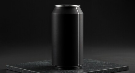 Sleek modern beverage can in soft-touch black aluminum with silver line on polished stone under directional lighting