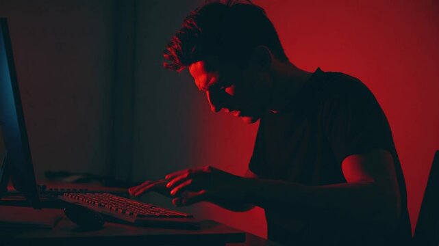 Homme tapant fr&eacute;n&eacute;tiquement sur un clavier dans une pi&egrave;ce rouge, ambiance tendue et technologique


