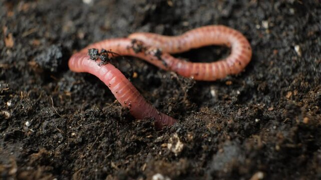 Earthworm burrowing into the soil in real time, macro shooting.