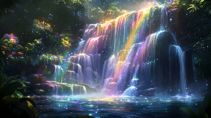 Enchanting Waterfall Surrounded by Lush Vegetation and Rainbows