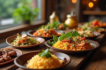Obraz premium Several varieties of Asian food are served on the table.