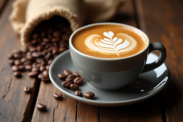 A cup of coffee with latte art decoration is on the table with a sprinkle of some coffee beans.