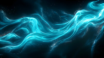 Fototapeta premium Luminous Blue Waves with Sparkling Particles on Dark Background