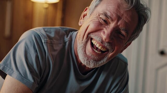 Homme senior riant aux &eacute;clats dans un int&eacute;rieur chaleureux, sc&egrave;ne joyeuse et naturelle

