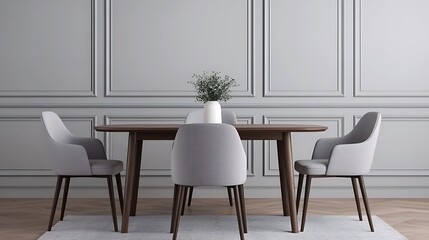 Fototapeta premium Elegant Dining Area with Gray Chairs, Wooden Table, and Minimalist Decoration against a Stylish Wall.