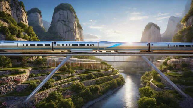 High-speed train crossing a bridge in a mountainous landscape  