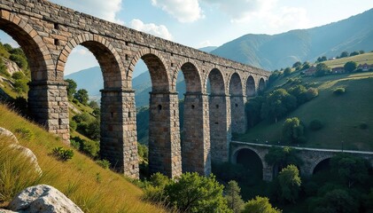 Obraz premium Roman aqueduct, weathered stone arches spanning valley, heritage, empire