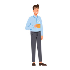 Young Man Holding Coffee Cup – Flat Vector Character in Business Casual Style