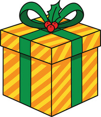3D Rendered Christmas Gift Box Yellow Green Striped Wrapping Red Bow

