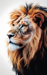 Fototapeta premium Close up artistic rendering of a lion with a majestic mane looking to the left side of the frame