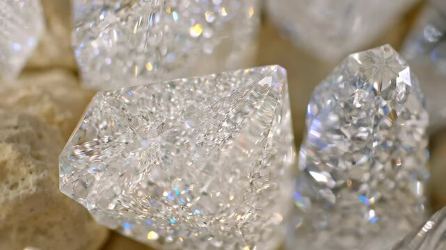 Close up of rough, uncut diamonds or quartz crystals sparkling with rainbow light on natural rock surface, shimmering clear jewels, minerals
