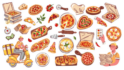 Pizza online order, delivery and eating cartoon set. Funny hot takeaway pizza menu, deliveryman on scooter and boxes. Fast food restaurant mascots, cartoon pizzeria collection vector illustration