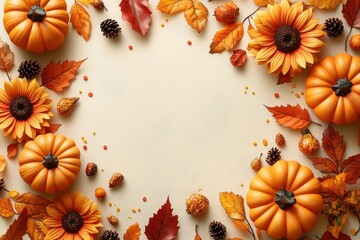 Colorful autumn arrangement featuring pumpkins, sunflowers, and leaves set against a neutral background
