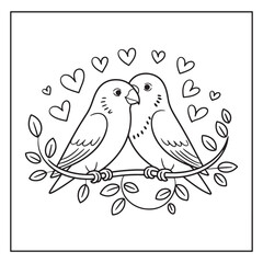 Lovebirds on a Branch with Hearts – Romantic Coloring Page