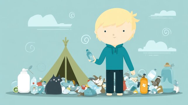 Cartoon Boy Cleaning Up Trash, Environmental Awareness