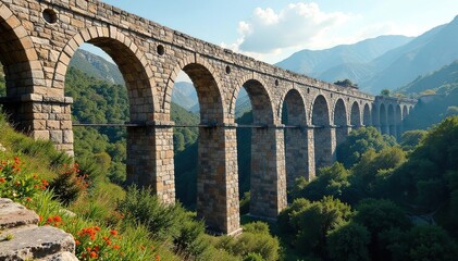 Roman aqueduct, weathered stone arches spanning valley, bridge, architecture