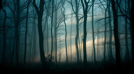 Obraz premium Dark forest with misty atmosphere and silhouetted trees, creating a mysterious scene.