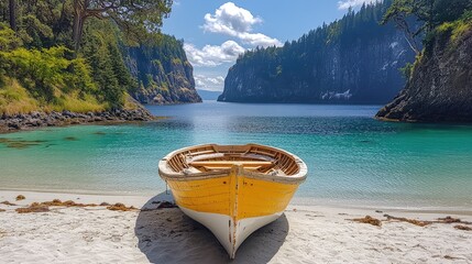 Tranquil cove with a small boat on a sandy beach. Lush greenery surrounds a turquoise bay