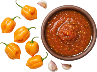 Spicy Habanero Peppers and Homemade Salsa in Bowl Top View