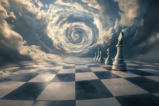 Surreal dreamscape with giant chess board under swirling clouds, A surreal dreamscape featuring a giant chessboard with swirling clouds above - Powered by Adobe