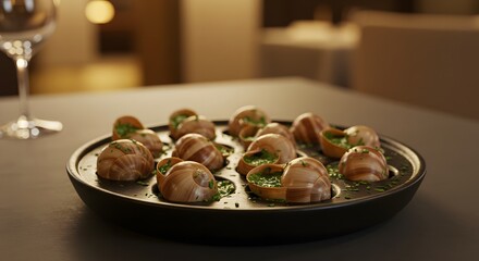 Fototapeta premium Delectable Escargots A Culinary Delight of French Gastronomy, Perfectly Prepared and Served in a Gourmet Setting