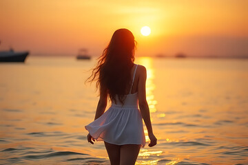 Fototapeta premium a beautiful woman wearing a white mini dress is walking along the beach with a sunset background