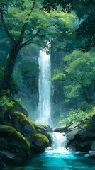 Anime Manga Illustration of a Serene Waterfall in a Mystical Forest