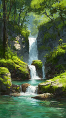 Anime Manga Illustration of a Serene Waterfall in a Mystical Forest