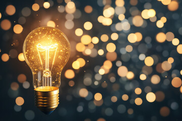 Glowing light bulb illuminating sparkling bokeh background symbolizing creativity and innovation