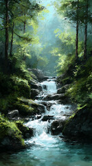 Fototapeta premium Anime Manga Illustration of a Serene Waterfall in a Mystical Forest