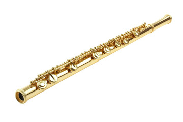 A gleaming golden flute poised to fill concert halls with enchanting melodies and harmonious on transparent background