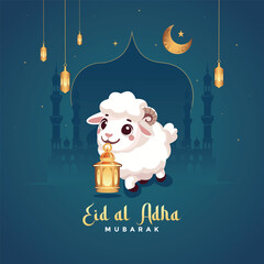 Beautiful Eid al Adha art greetings. goat holding Arabic lantern. Arabian culture background. abstract vector illustration design.