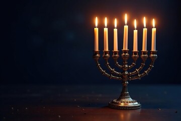 Fototapeta premium Decorated menorah with candles lit on a dark background, festival of lights, candles