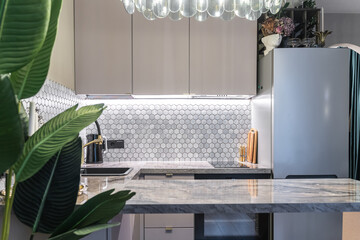 stylish design of small kitchen in shades of gray. Cozy atmosphere in kitchen, dim lights. Grey...